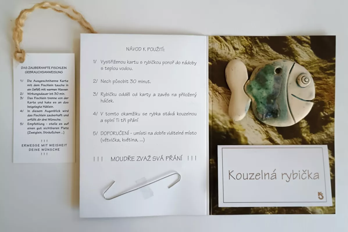 Kouzelná rybička-zelená originální keramická dekorace s přáním, ruční výroba, dárkové balení, Regionální produkt Jizerské hory.